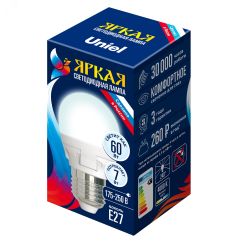 Лампа светодиодная LED 7вт 175-250В шар матовый 600Лм Е27 4000К ЯРКАЯ Uniel UL-00002418