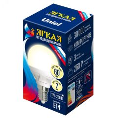Лампа светодиодная LED 7вт 175-250В шар матовый 600Лм Е14 3000К ЯРКАЯ Uniel UL-00002419