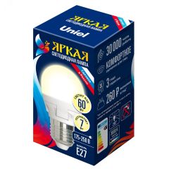 Лампа светодиодная LED 7вт 175-250В шар матовый 600Лм Е27 3000К ЯРКАЯ Uniel UL-00002420