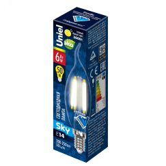 Лампа светодиодная LED 6вт 200-250В свеча на ветру прозрачное 500Лм Е14 3000К Sky филамент Uniel UL-00000200