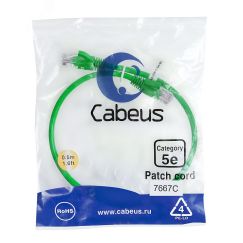 Патч-корд U/UTP, категория 5е, 2xRJ45/8p8c, неэкранированный, зеленый, PVC, 0.5м Cabeus PC-UTP-RJ45-Cat.5e-0.5m-GN