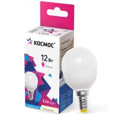 Лампа светодиодная LED 12Вт Шар 220В Е14 D45х90 3000К теплый 1070 лм КОСМОС LkeLED12wGL45E1430