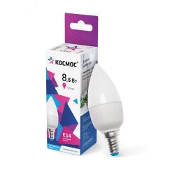 Лампа светодиодная LED 8.5Вт Свеча 220В Е14 D37х100 6500К холодный 720 лм КОСМОС LkecLED8.5wCNE1465