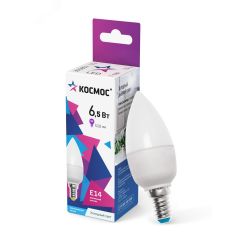 Лампа светодиодная LED 6.5Вт Свеча 220В Е14 D37х100 6500К холодный 520 лм КОСМОС LkecLED6.5wCNE1465