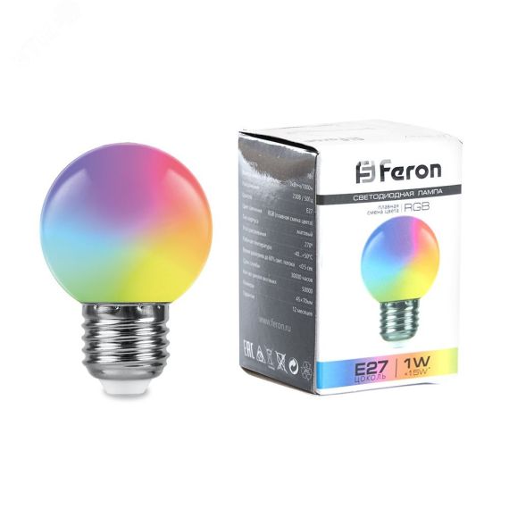 Лампа светодиодная LED 1вт Е27 RGB плавная смена цвета шар FERON 38116