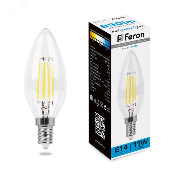 Лампа светодиодная LED 11вт Е14 дневной свеча FILAMENT FERON 38231