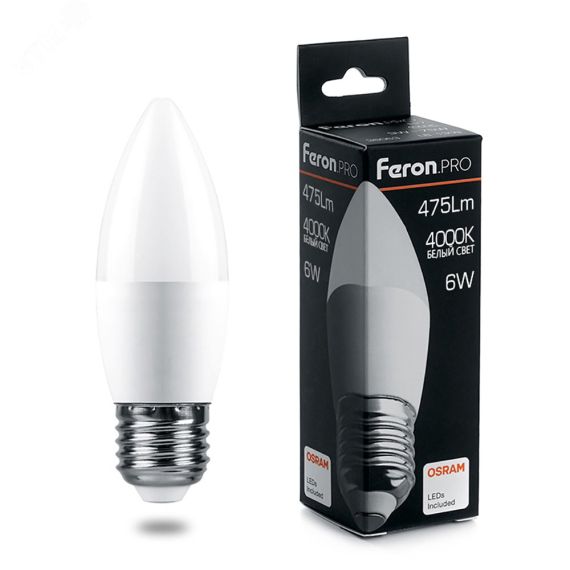 Лампа светодиодная LED 6вт Е27 белый матовая свеча Feron.PRO FERON 38051