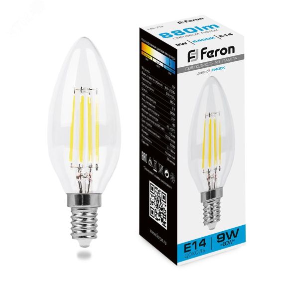 Лампа светодиодная LED 9вт Е14 дневной свеча FILAMENT FERON 38229