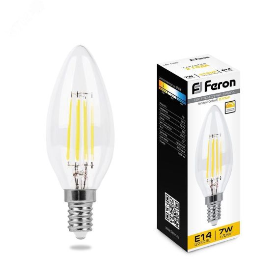 Лампа светодиодная LED 7вт Е14 теплый свеча FILAMENT диммируемая FERON 25870