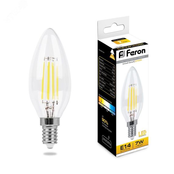 Лампа светодиодная LED 7вт Е14 теплый свеча FILAMENT FERON 25726