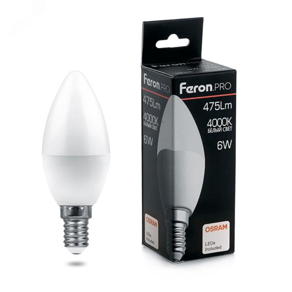 Лампа светодиодная LED 6вт Е14 белый матовая свеча Feron.PRO FERON 38045