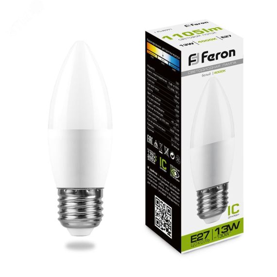 Лампа светодиодная LED 13вт E27 белый матовая свеча FERON 38111