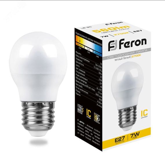 Лампа светодиодная LED 7вт Е27 теплый шар FERON 25481