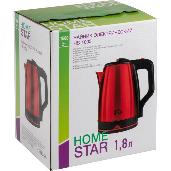 Чайник электрический стальной HS-1003 на 1,8 л, цвет красный HomeStar 107001