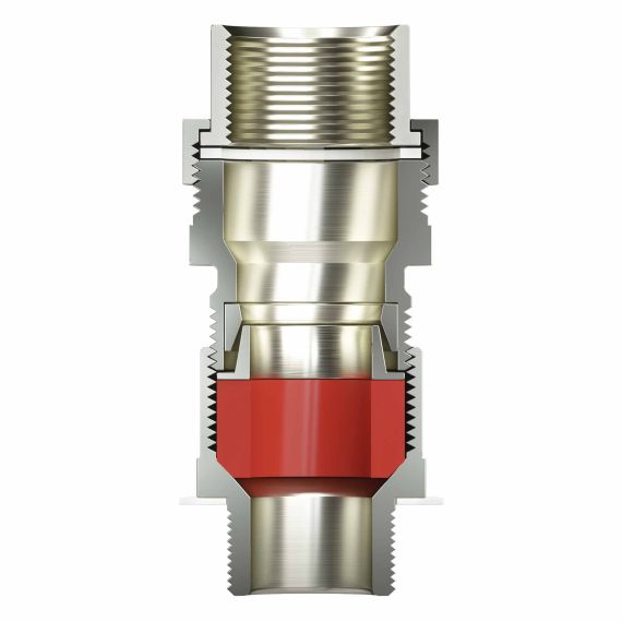Взрывозащищенный универсальный кабельный ввод серии КАЕС для бронированного и небронированного кабеля М32х1,5 d:17,8-25мм. Присоединительная резьба GAS 1". Никелированная латунь IP66/IP68