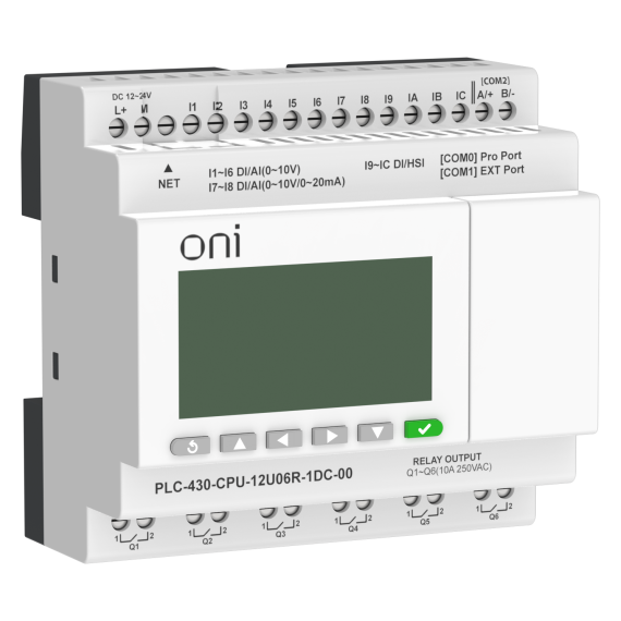 ПЛК 430 Модуль ЦПУ 4 DI 6 UI (0-10 В/DI) 2 UI (0-10 В/0-20 мА/DI) 6 RO 24В DC с Ethernet портом с экраном ONI