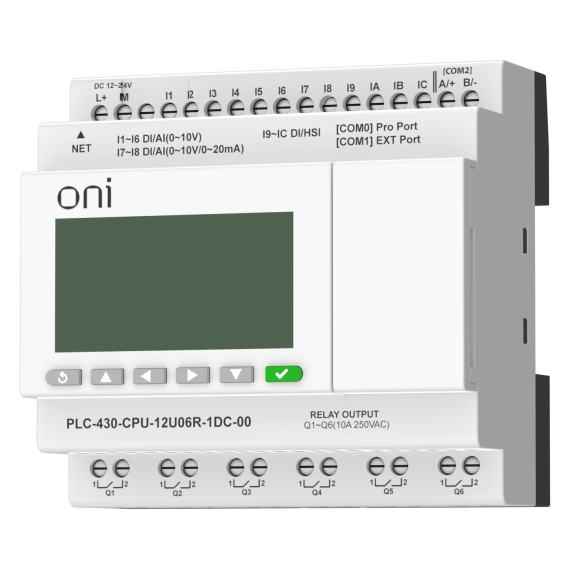 ПЛК 430 Модуль ЦПУ 4 DI 6 UI (0-10 В/DI) 2 UI (0-10 В/0-20 мА/DI) 6 RO 24В DC с Ethernet портом с экраном ONI