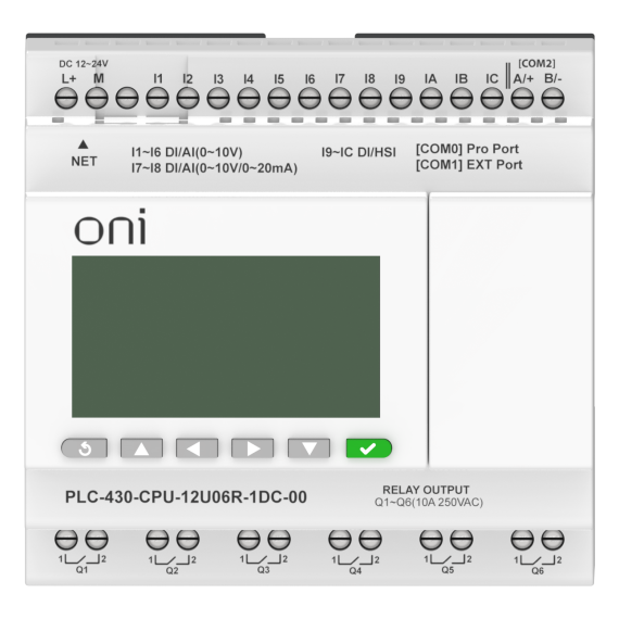 ПЛК 430 Модуль ЦПУ 4 DI 6 UI (0-10 В/DI) 2 UI (0-10 В/0-20 мА/DI) 6 RO 24В DC с Ethernet портом с экраном ONI