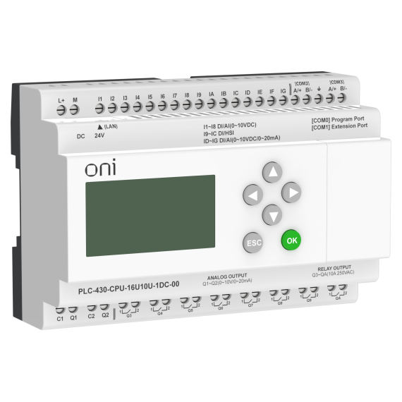 ПЛК 430 Модуль ЦПУ 4 DI 12 UI (0-10 В/DI) 8 RO 2 AO (1 шт 0-10 В и 1 шт 0-20 мА) 24В DC с Ethernet портом с экраном ONI