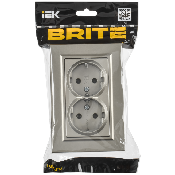 BRITE Розетка 2-местная с заземлением без защитных шторок плоская 16А в сборе РСПл12-3-БрШ шампань IEK