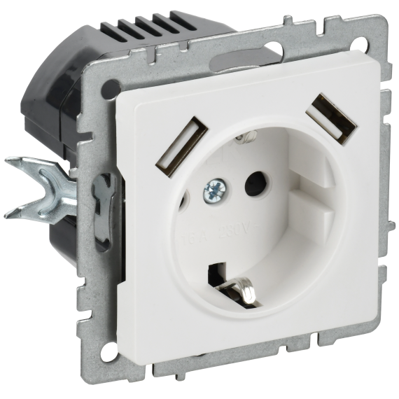 BRITE Розетка 1-местная с заземлением с защитными шторками 16А с USB A+A 5В 2,1А РЮш10-1-БрАБ арктический белый IEK