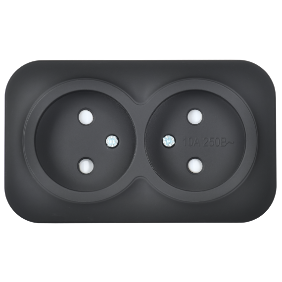 GLORY Розетка 2-местная для открытой установки без заземления с защитными шторками 10А РСш22-2-ХЧм черный матовый IEK