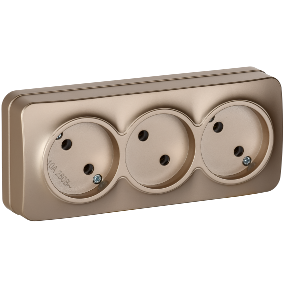 GLORY Розетка 3-местная для открытой установки без заземления без защитных шторок 10А РС23-2-ХШм шампань матовый IEK