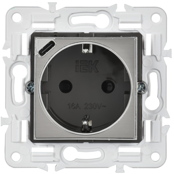 SKANDY Розетка с заземлением с защитными шторками 16А с USB C 18Вт SK-R17N металл никель IEK