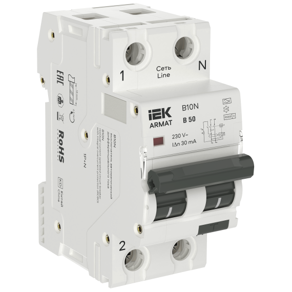 ARMAT Автоматический выключатель дифференциального тока B10N 1P+NP B50 30мА тип A (36мм) IEK