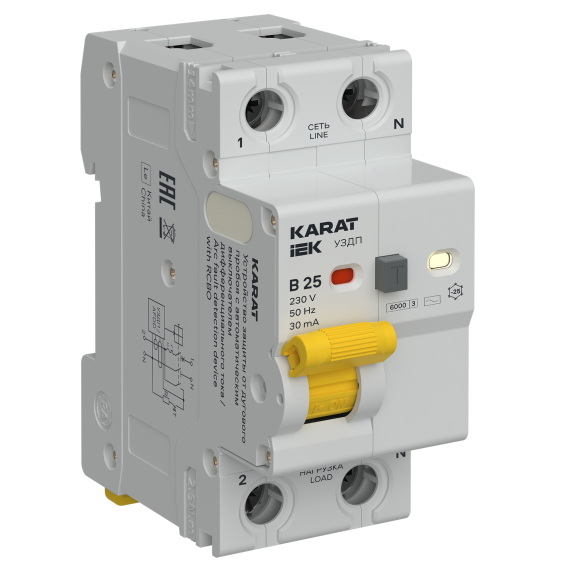 KARAT Устройство защиты от дугового пробоя с выключателем автоматическим дифференциального тока 1P+N B 25А 30мА тип AC IEK