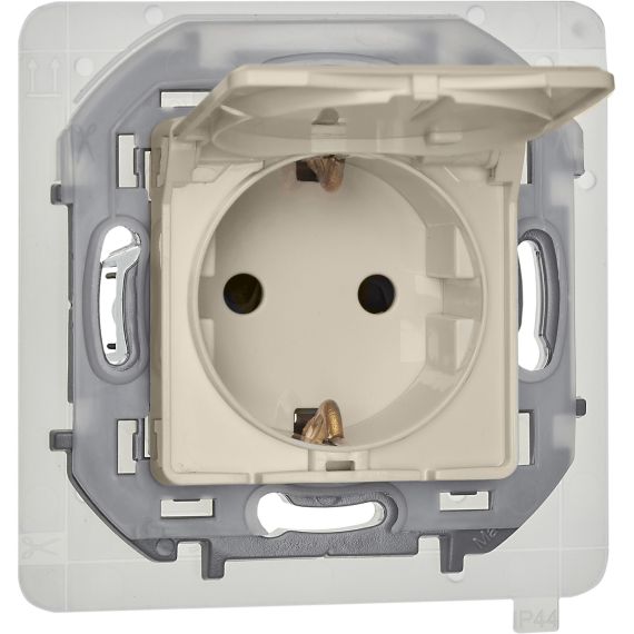 INSPIRIA Розетка 1-местная с заземлением с защитными шторками и крышкой 16А IP44 слоновая кость INSPIRIA Розетка 1-местная с заземлением с защитными шторками и крышкой 16А IP44 слоновая кость