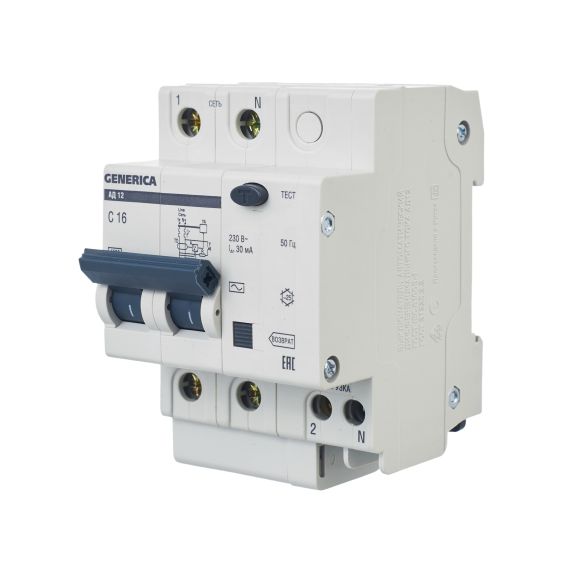 Дифференциальный автоматический выключатель АД12 2Р 16А 30мА GENERICA
