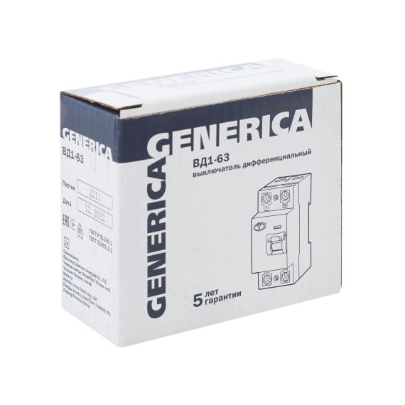 Выключатель дифференциальный (УЗО) ВД1-63 2Р 32А 300мА GENERICA