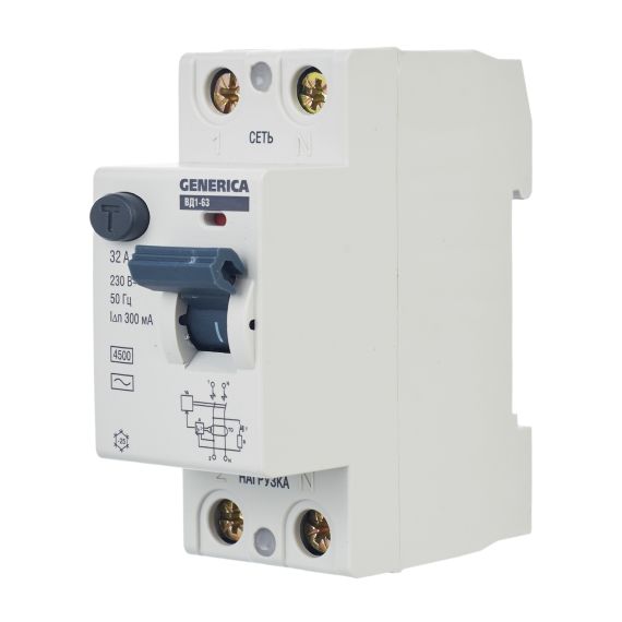 Выключатель дифференциальный (УЗО) ВД1-63 2Р 32А 300мА GENERICA