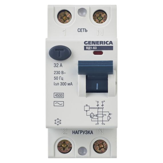 Выключатель дифференциальный (УЗО) ВД1-63 2Р 32А 300мА GENERICA