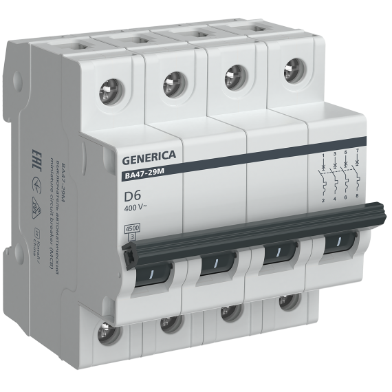 Автоматический выключатель ВА47-29М 4P 6А 4,5кА D GENERICA
