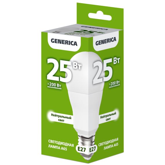 Лампа светодиодная A65 груша 25Вт 230В 4000К E27 GENERICA