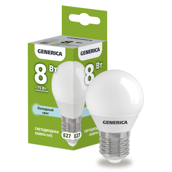 Лампа светодиодная G45 шар 8Вт 230В 6500К E27 GENERICA
