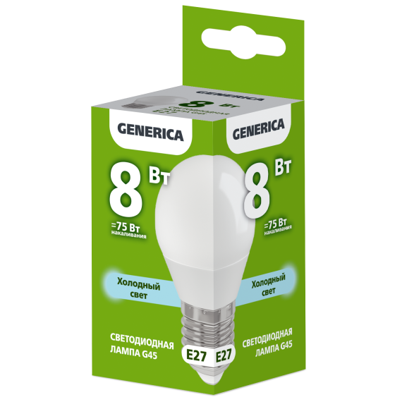 Лампа светодиодная G45 шар 8Вт 230В 6500К E27 GENERICA