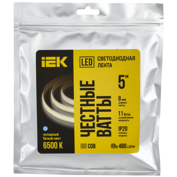 Лента светодиодная 5м COB 480LED/м 11Вт/м IP20 ширина 8мм 24В холодный белый IEK Лента светодиодная 5м COB 480LED/м 11Вт/м IP20 ширина 8мм 24В холодный белый IEK