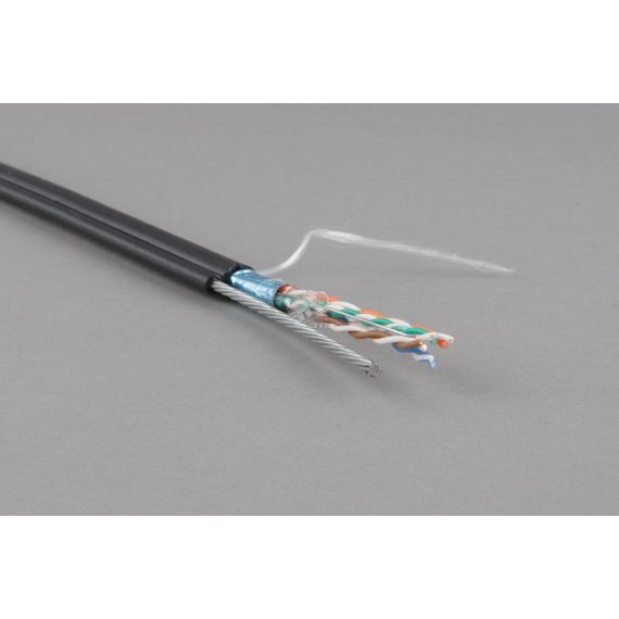 Витая пара экранированная F/UTP категория 5e 4 пары (24 AWG) одножильный (solid) с металлическим тросом внешний черный (500м) Hyperline 236291