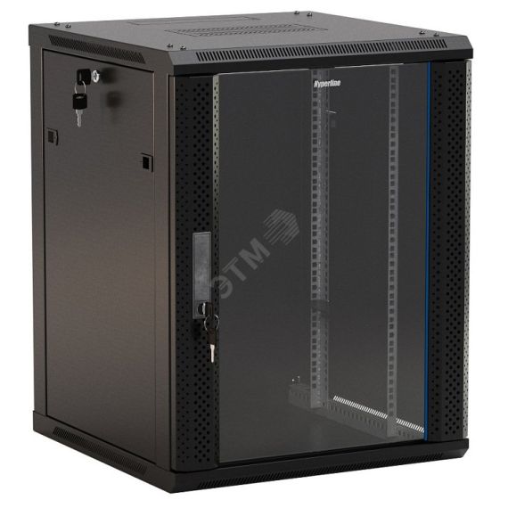 Шкаф настенный 19-дюймовый 22U 1086x600х600мм стеклянная дверь с перфорацией по бокам ручка с замком с возможностью установки на ножки черный (RAL 900 Hyperline TWB-FC-2266-GP-RAL9004