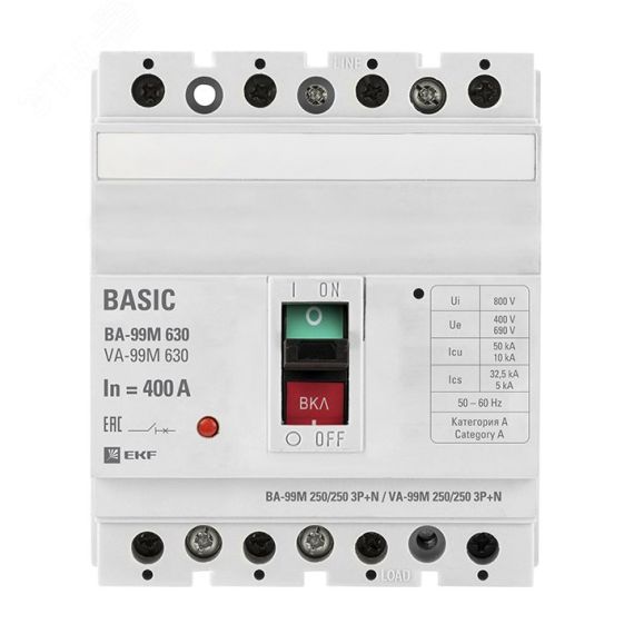 Выключатель автоматический ВА-99М 630/400А 3P+N 50кА Basic EKF mccb99-630-400m-4P