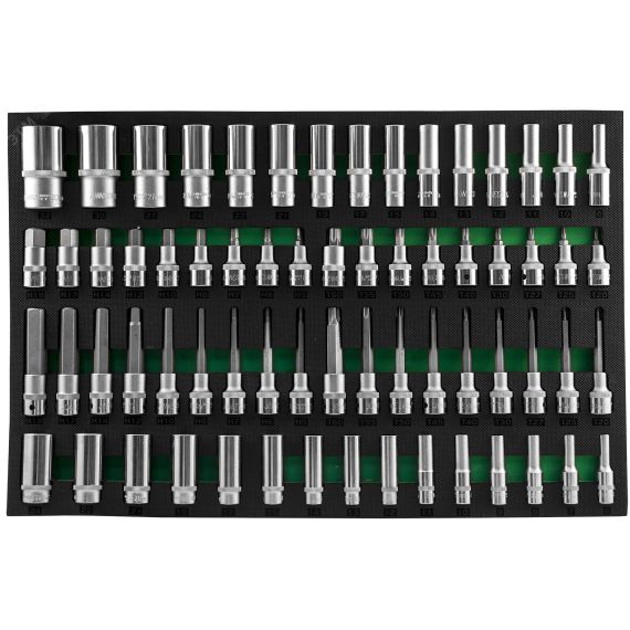 Набор головок торцевых глубоких 3/8'', 1/2''DR и насадок торцевых 1/2''DR с вставками-битами в EVA ложементе 560x400 мм, 66 предметов Jonnesway S04HD4366SV