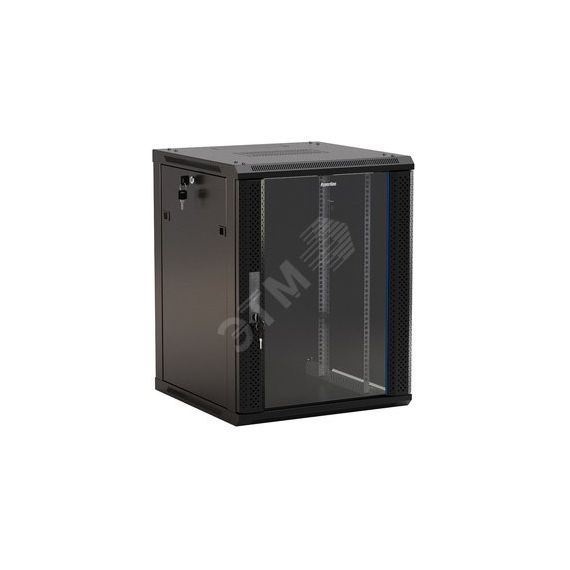 Шкаф настенный 19-дюймовый (19') 9U 500x600х600мм стеклянная дверь с перфорацией по бокам ручка с замком цвет черный (RAL 9004) (разобранный) Hyperline TWB-0966-GP-RAL9004