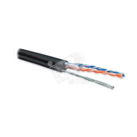 Кабель витая пара. неэкранированная U/UTP. категория 5. 2 пары (24 AWG). одножильный (solid). с металлическим тросом. внешний. PE. -40C– +60C. черный  Hyperline 236306