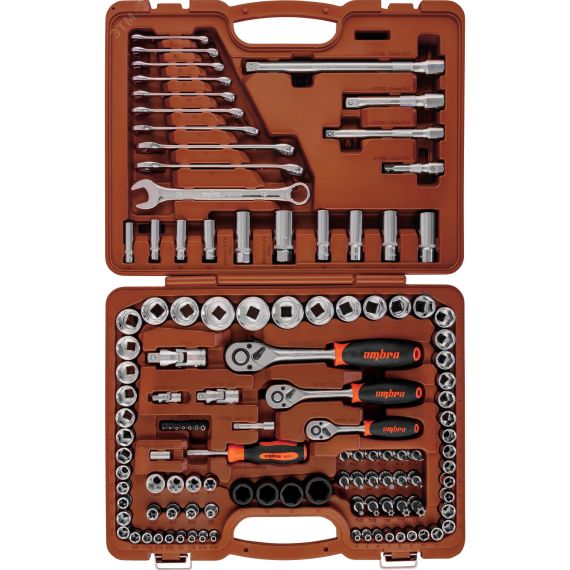 Набор инструмента, торцевые головки 1/4'', 3/8'', 1/2''DR, 4-32 мм и SAE 5/32''--1-1/4'', ударные торцевые головки 1/2''DR, 17-23 мм, 120 предметов Ombra 911120