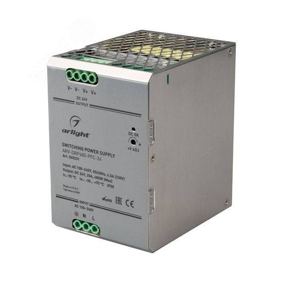 Блок питания ARV-DRP480-PFC-24 (24V, 20A, 480W) (IP20 металл, 5 лет) Arlight 040231