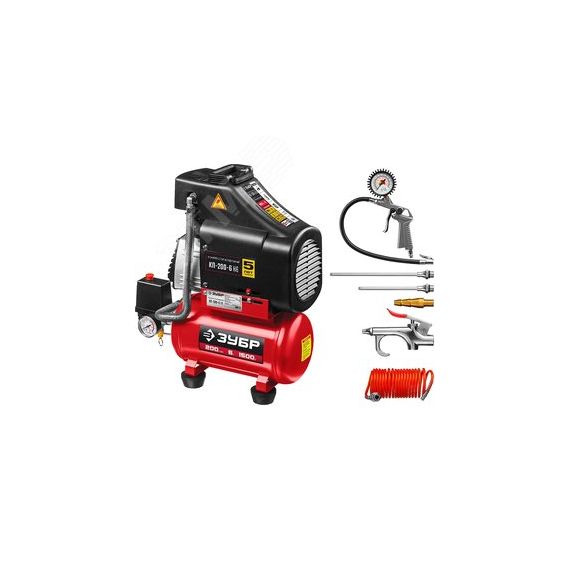 Компрессор воздушный безмасляный с набором аксессуаров, 200 л/мин, 6 л, 1500 Вт ЗУБР КП-200-6 Н6