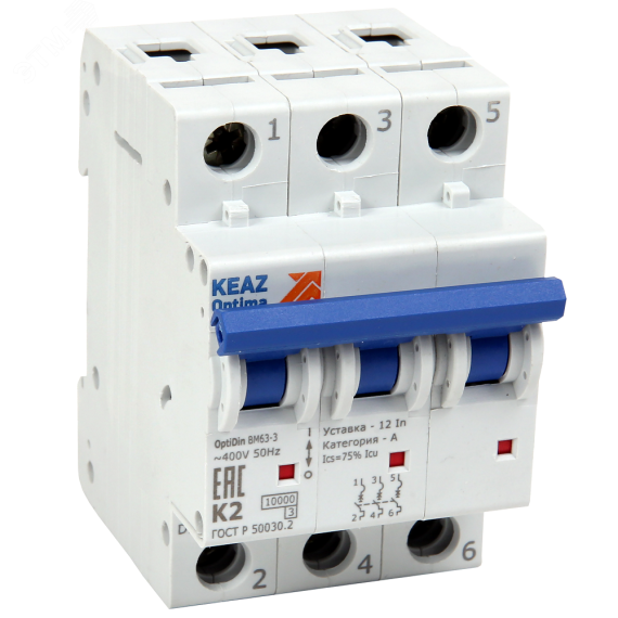 Выключатель автоматический трехполюсный 20А L 10кА AC OptiDin BM63-3L20-10-УХЛ3 КЭАЗ 262811